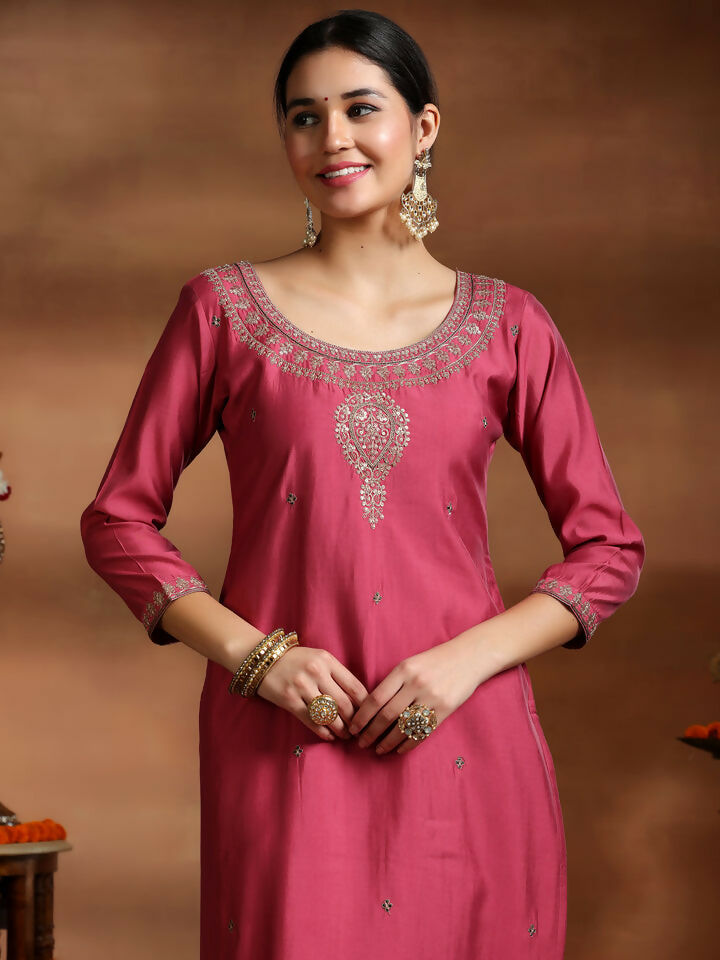 Women's LB Pink Embroidered Silk Blend Straight Suit With Dupatta