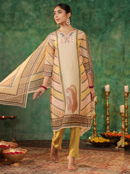 Dhiyona RR Women's Printed Beads and Stones Straight Kurta with Trousers & Dupatta