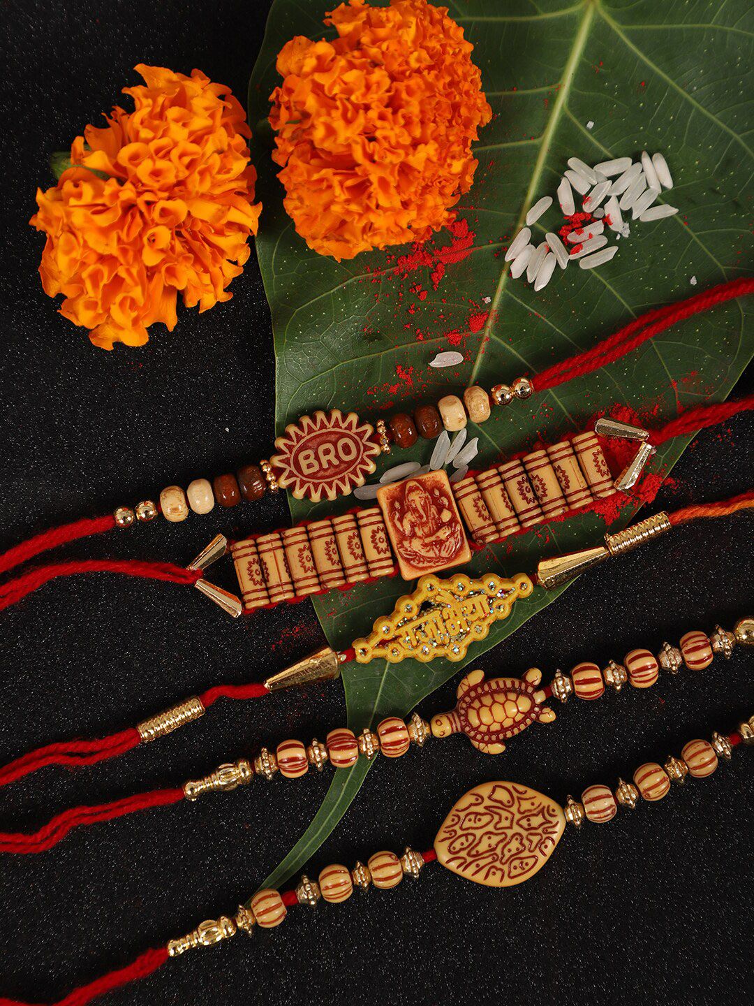 Dhiyona Set Of 5 Beaded Rakhis With Roli Rice & Greeting Card