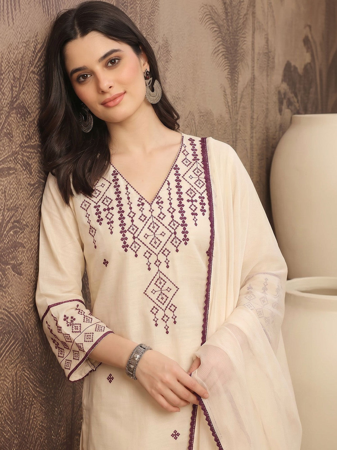 Women Ethnic Motifs Embroidered Regular Pure Cotton Kurta with Trousers & With Dupatta