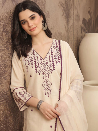 Women Ethnic Motifs Embroidered Regular Pure Cotton Kurta with Trousers & With Dupatta