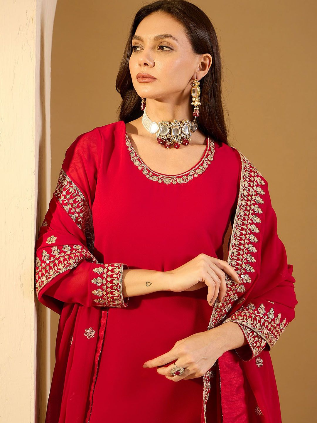 Dhiyona IN Women Ethnic Motifs Embroidered Regular Kurta with Palazzos & With Dupatta