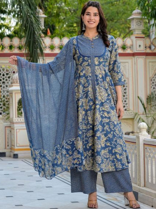 Dhiyona KL Floral Printed Band Collar Kurta with Palazzos & Dupatta