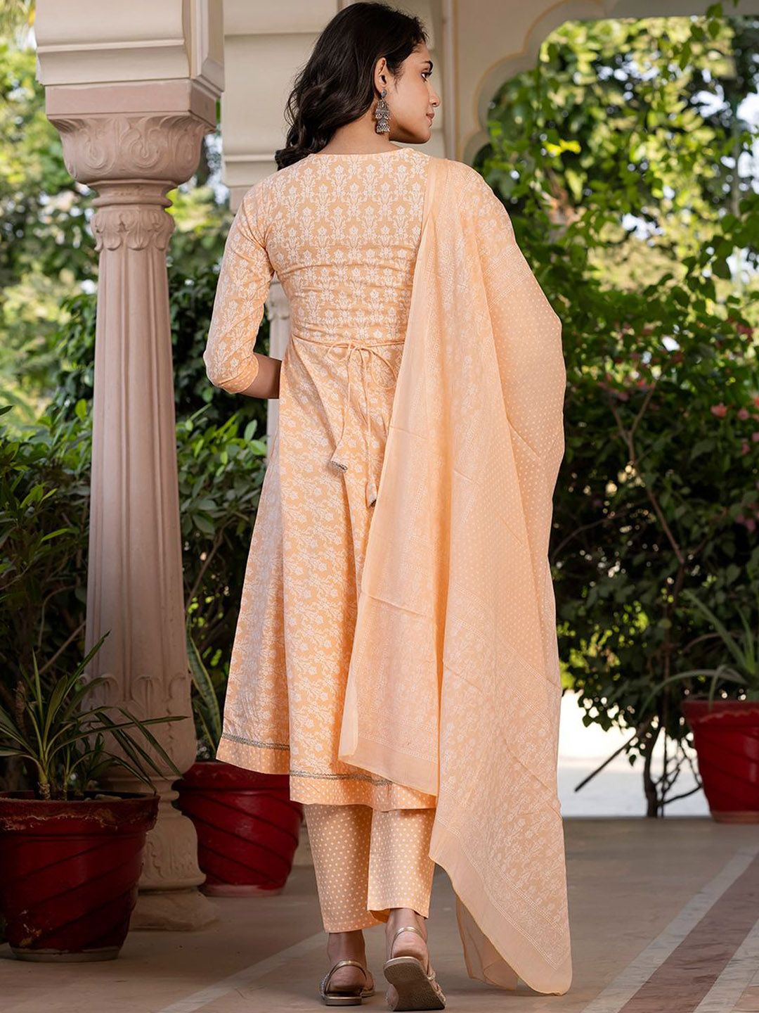 Dhiyona KL Floral Printed Mirror Work Anarkali Pure Cotton Kurta With Trousers & Dupatta
