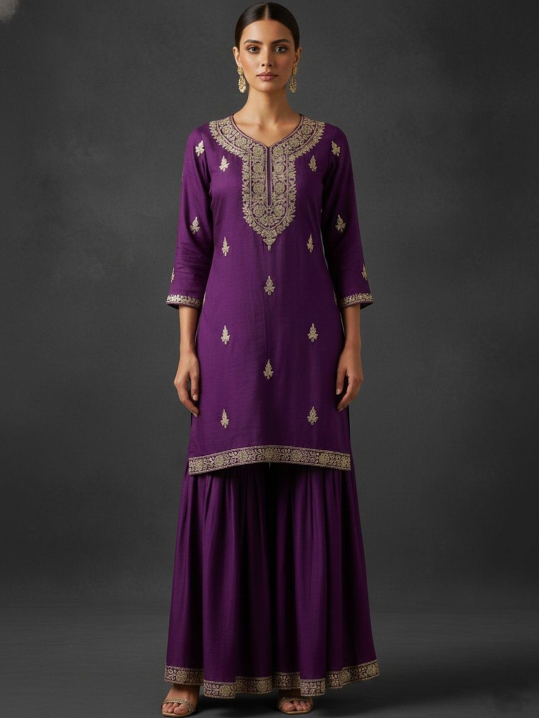 Dhiyona VA Women Ethnic Motifs Embroidered Regular Thread Work Kurta with Sharara & With Dupatta