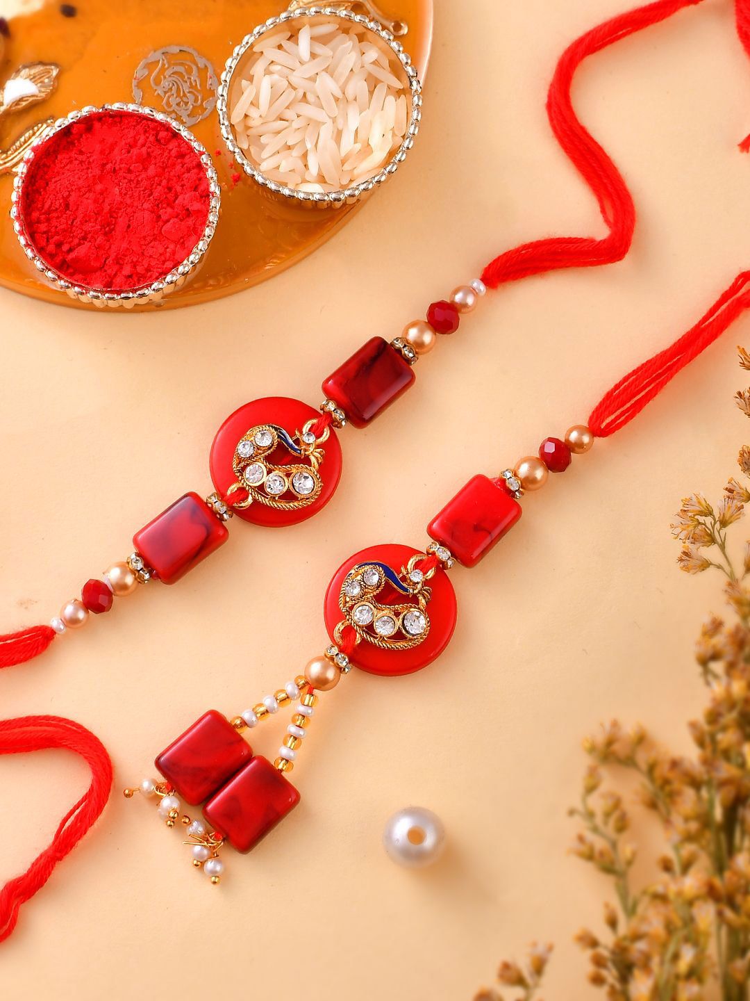 Dhiyona Gold-Toned Set Of 2 Stones Studded & Beaded Thread Rakhis With Roli Chawal