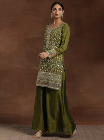 Women's LB Adaa Olive Embroidered Silk Blend Straight Kurta With Palazzos & Dupatta