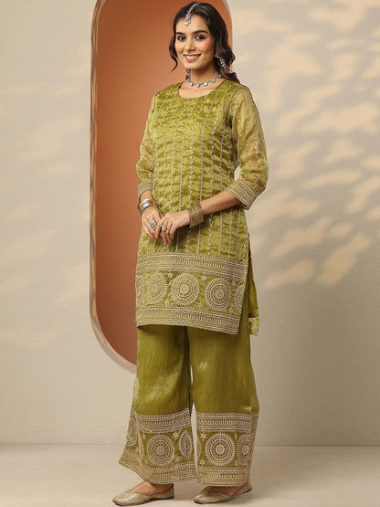 Dhiyona LL Women Ethnic Motifs Embroidered Regular Thread Work Kurta with Palazzos & With Dupatta