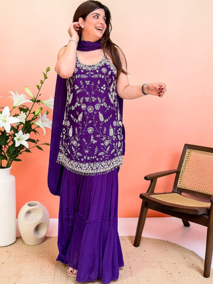 Women Floral Embroidered Regular Thread Work Silk Chiffon Kurta with Sharara & With Dupatta