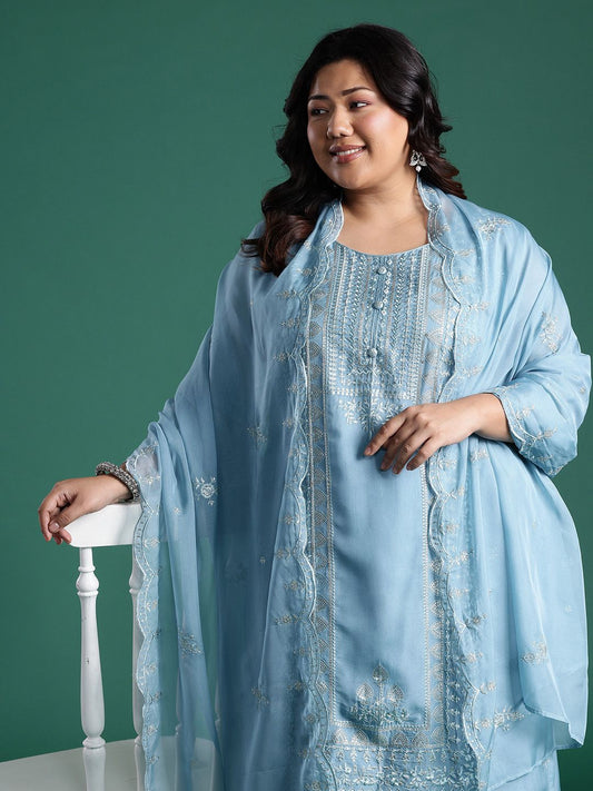 Dhiyona Women's Embroidered Sequinned Kurta With Trousers & Dupatta