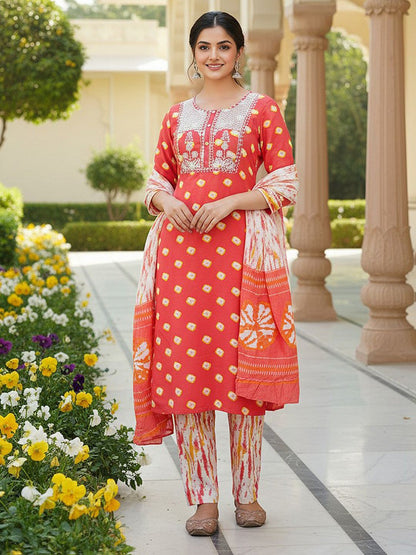 Dhiyona KL Ethnic Motifs Printed Thread Work Straight Kurta With Trousers & Dupatta
