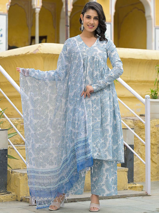 Dhiyona KL Women Paisley Printed Pure Cotton Kurta With Trousers & Dupatta