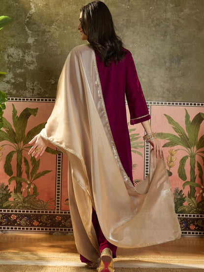 Dhiyona SN Women Velvet Embroidered Straight kurta palazzo with Dupatta Set