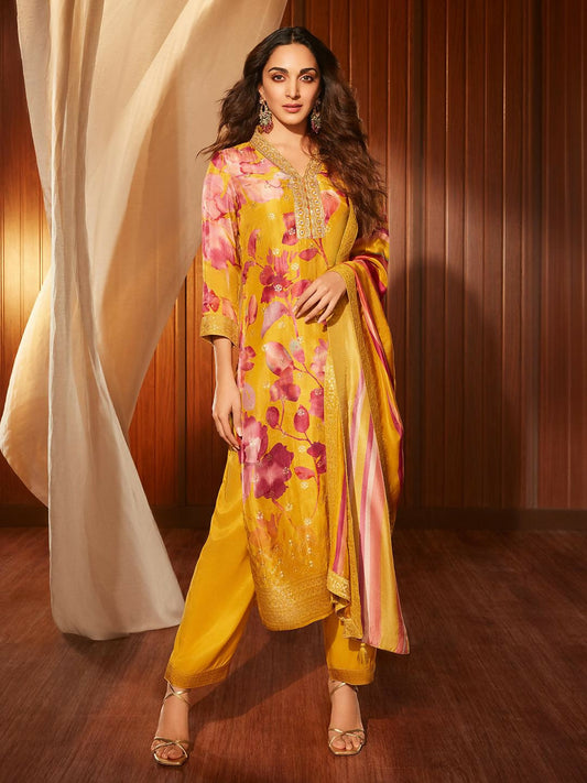 Women's LB Mustard Printed Silk Blend Straight Suit With Dupatta