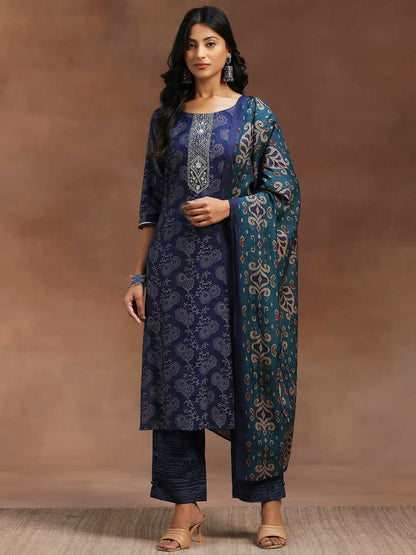 Women's LB Blue Printed Silk Blend Straight Suit With Dupatta