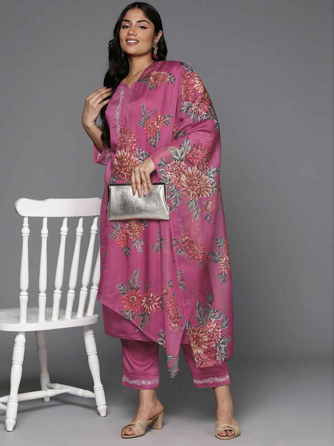 Women's Plus Size Pink Embroidered Straight Kurta Trousers With Dupatta Set