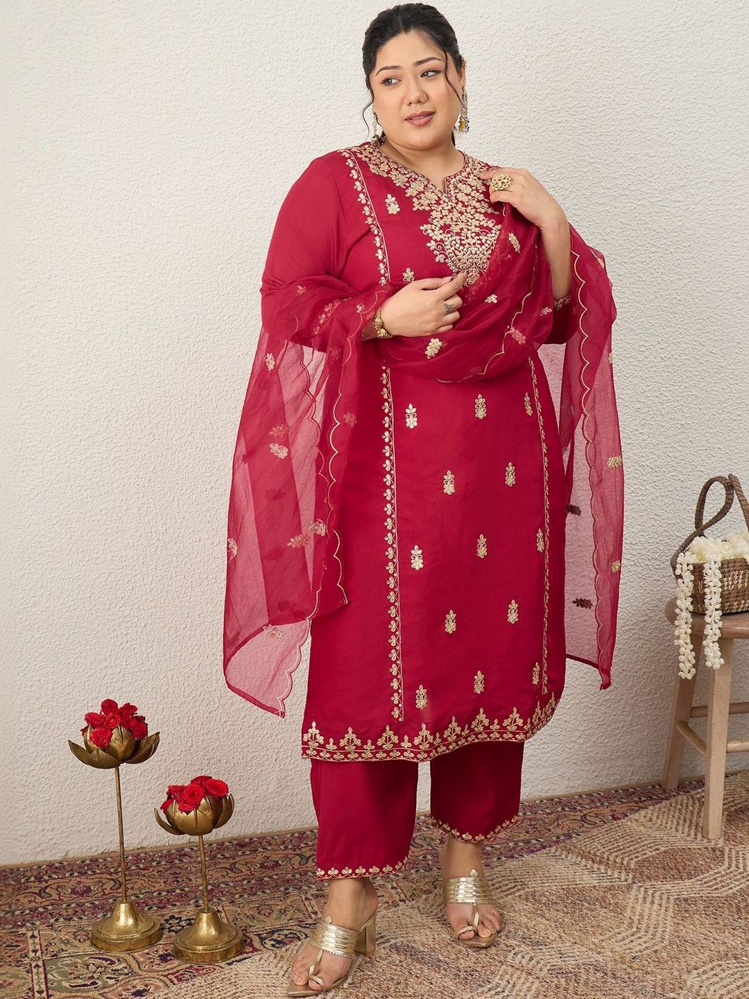 Dhiyona Women's Ethnic Motifs Embroidered Regular Kurta with Trousers & With Dupatta