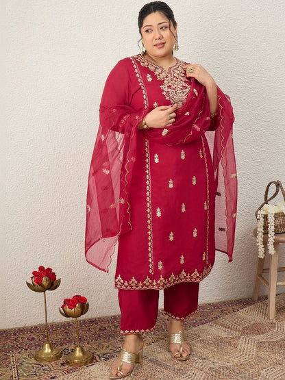 Dhiyona Women's Ethnic Motifs Embroidered Regular Kurta with Trousers & With Dupatta