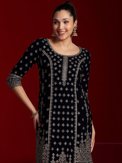 Dhiyona LL Floral Embroidered Georgette Panelled Straight Kurta with Palazzo & Dupatta