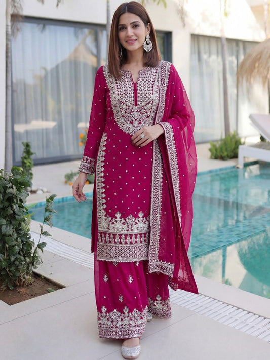 Dhiyona SN Embroidered Round Neck Straight Kurta & Sharara With Dupatta