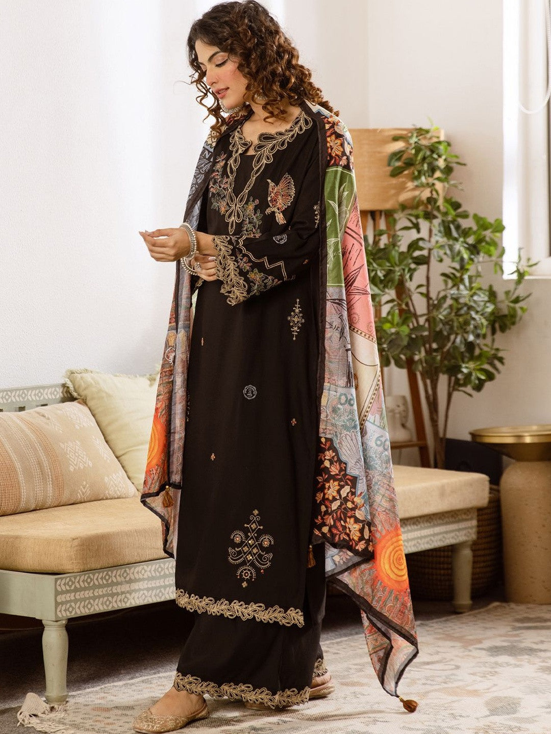 Women Ethnic Motifs Embroidered Regular Thread Work Kurta with Palazzos & With Dupatta