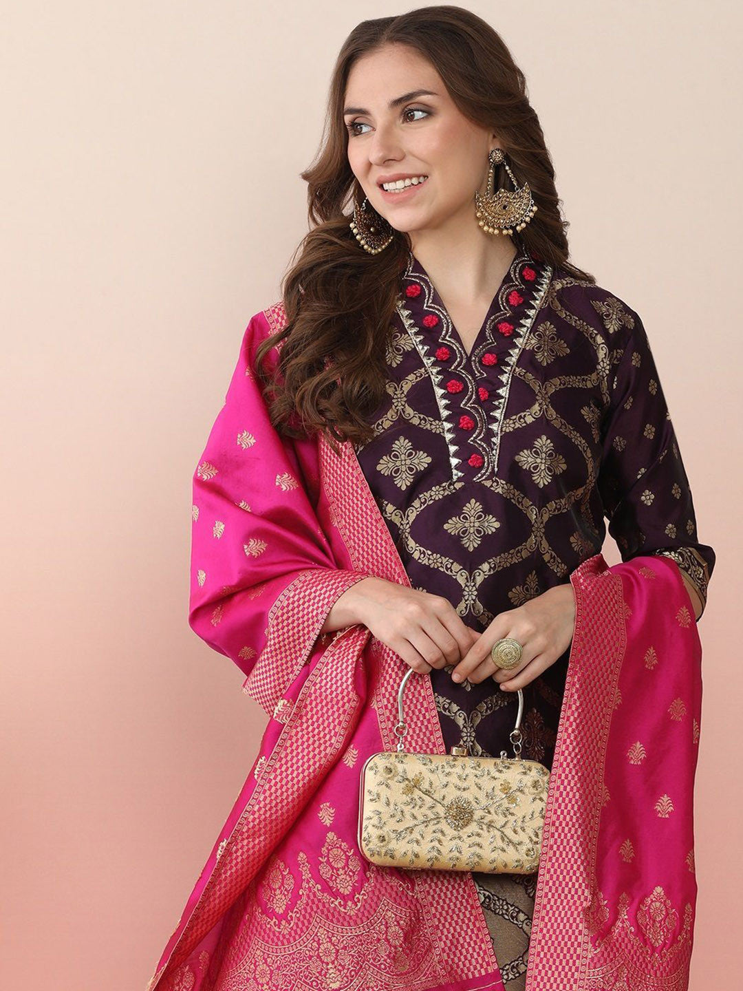 Woven Design Embroidered Banarasi Straight Kurta With Salwar & Dupatta