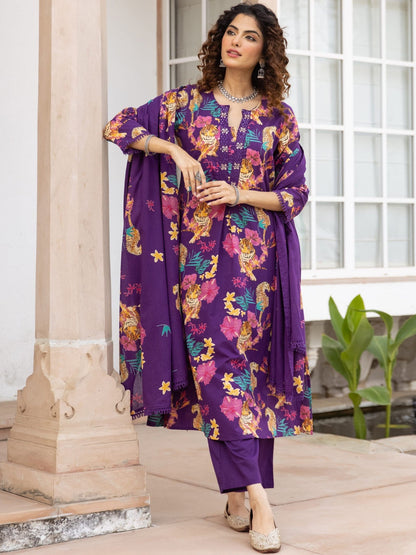 Printed Pure Cotton V-Neck Kurta Trousers & Dupatta