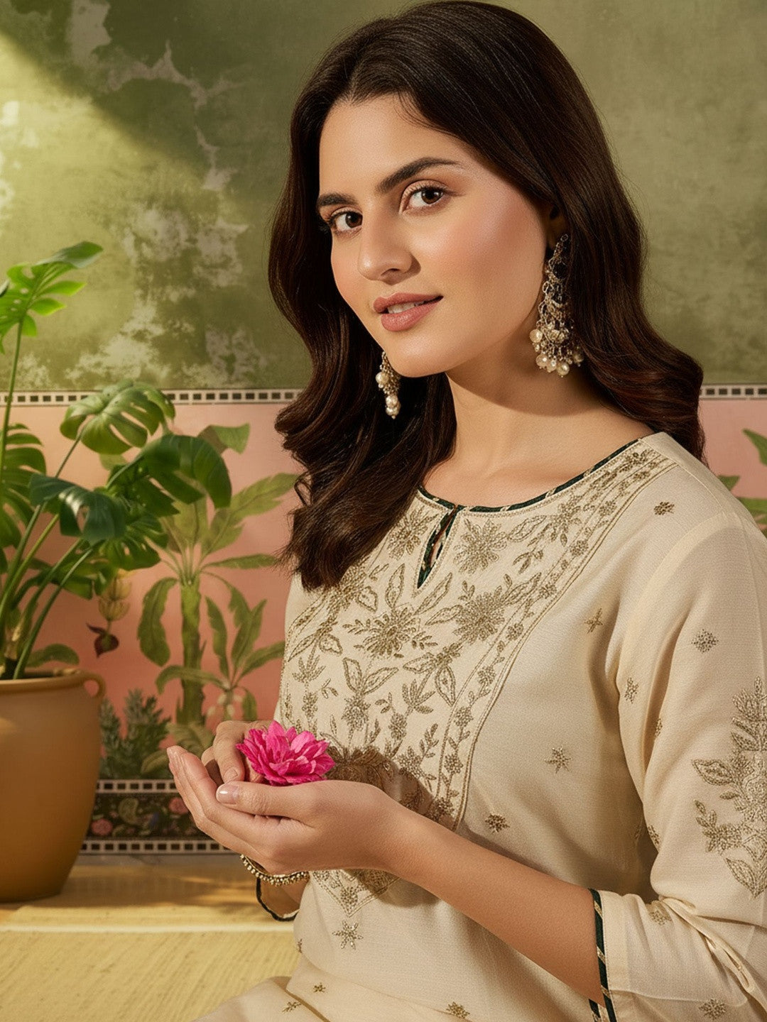 Embroidered Round Neck Kurta & Trousers With Dupatta