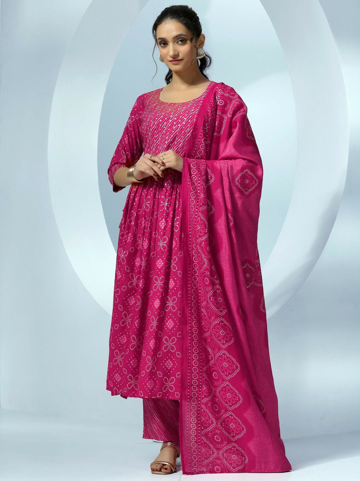 Women's LB Pink Printed Silk Blend A-Line Kurta With Trousers & Dupatta