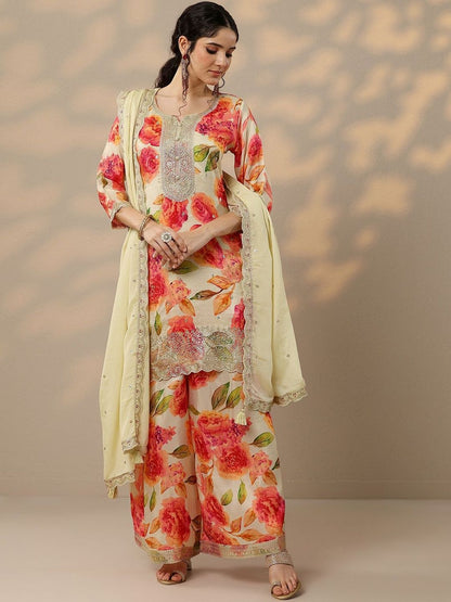 Dhiyona LL Women Floral Printed Above Knee Regular Straight Kurta with Palazzos & Dupatta