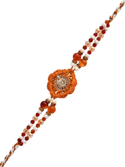 Dhiyona Brown Wool Knitted & Beaded Rakhi With Roli Chawal & Greeting Card