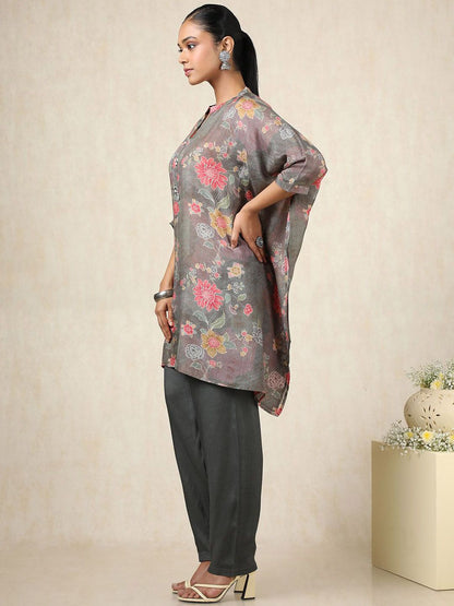 Dhiyona SO Women's Floral Printed Mandarin Collar Kaftan Pure Cotton Kurti With Trousers