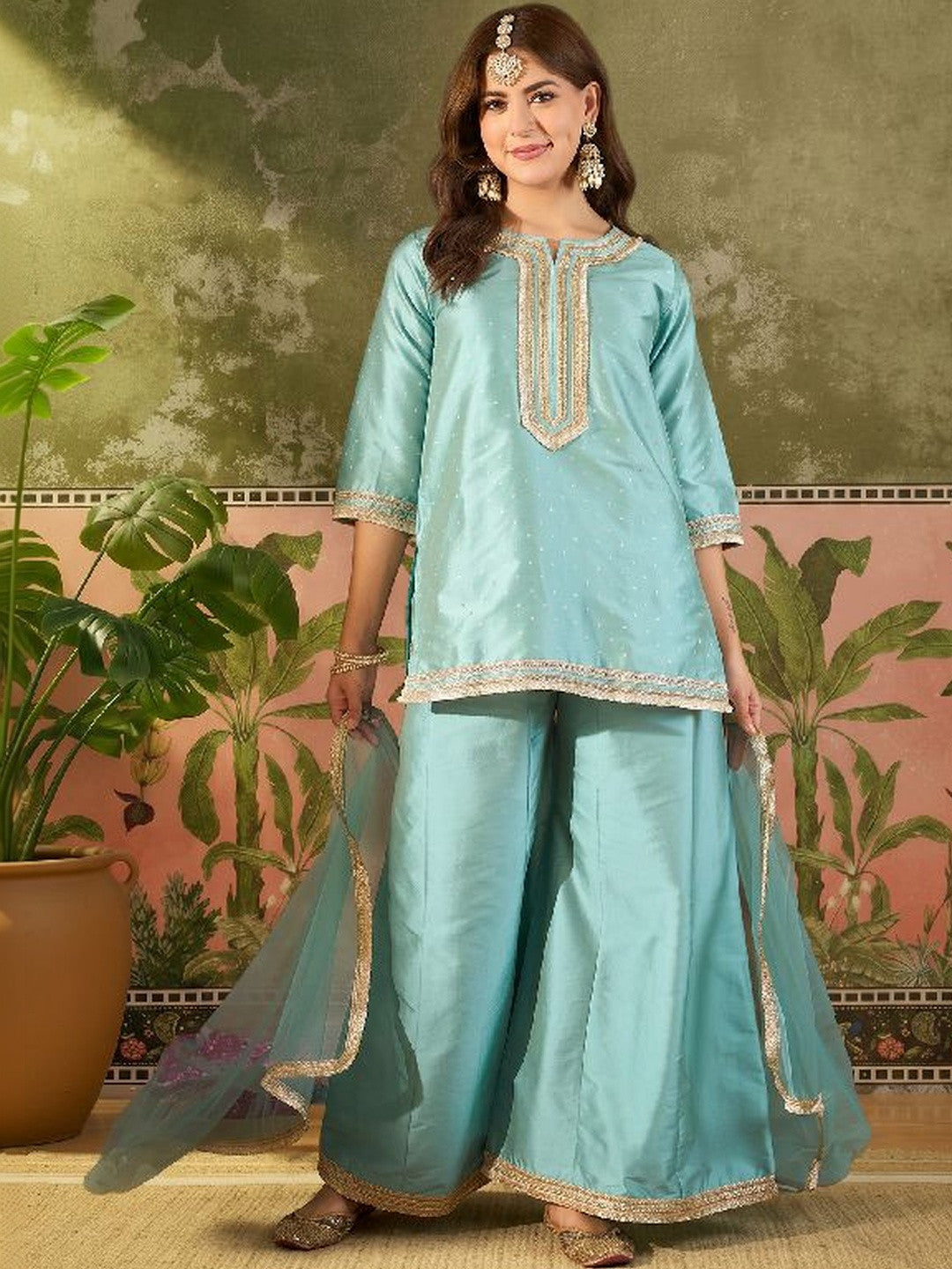 Dhiyona SN Woven Desig Round Neck Kurta & Palazzos With Dupatta
