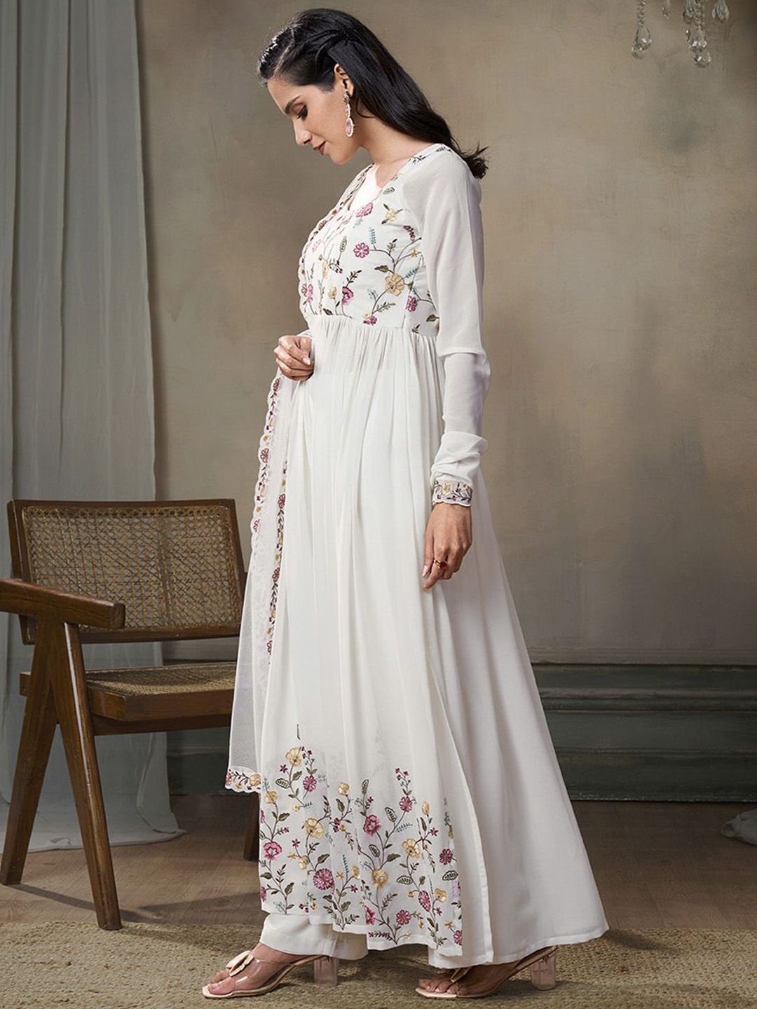 Dhiyona IN Floral Embroidered Thread Work Georgette A-Line Kurta With Palazzos And Dupatta