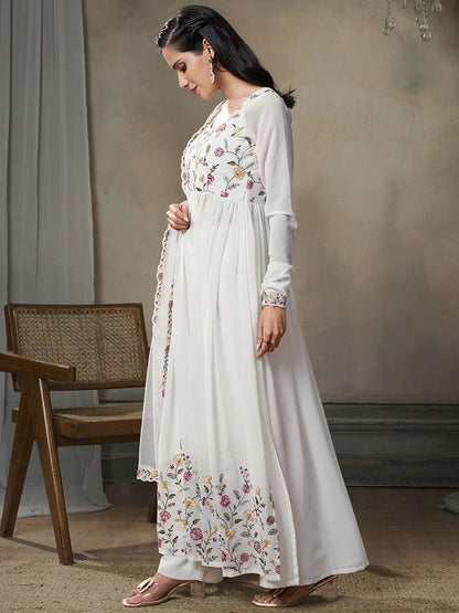 Dhiyona IN Floral Embroidered Thread Work Georgette A-Line Kurta With Palazzos And Dupatta
