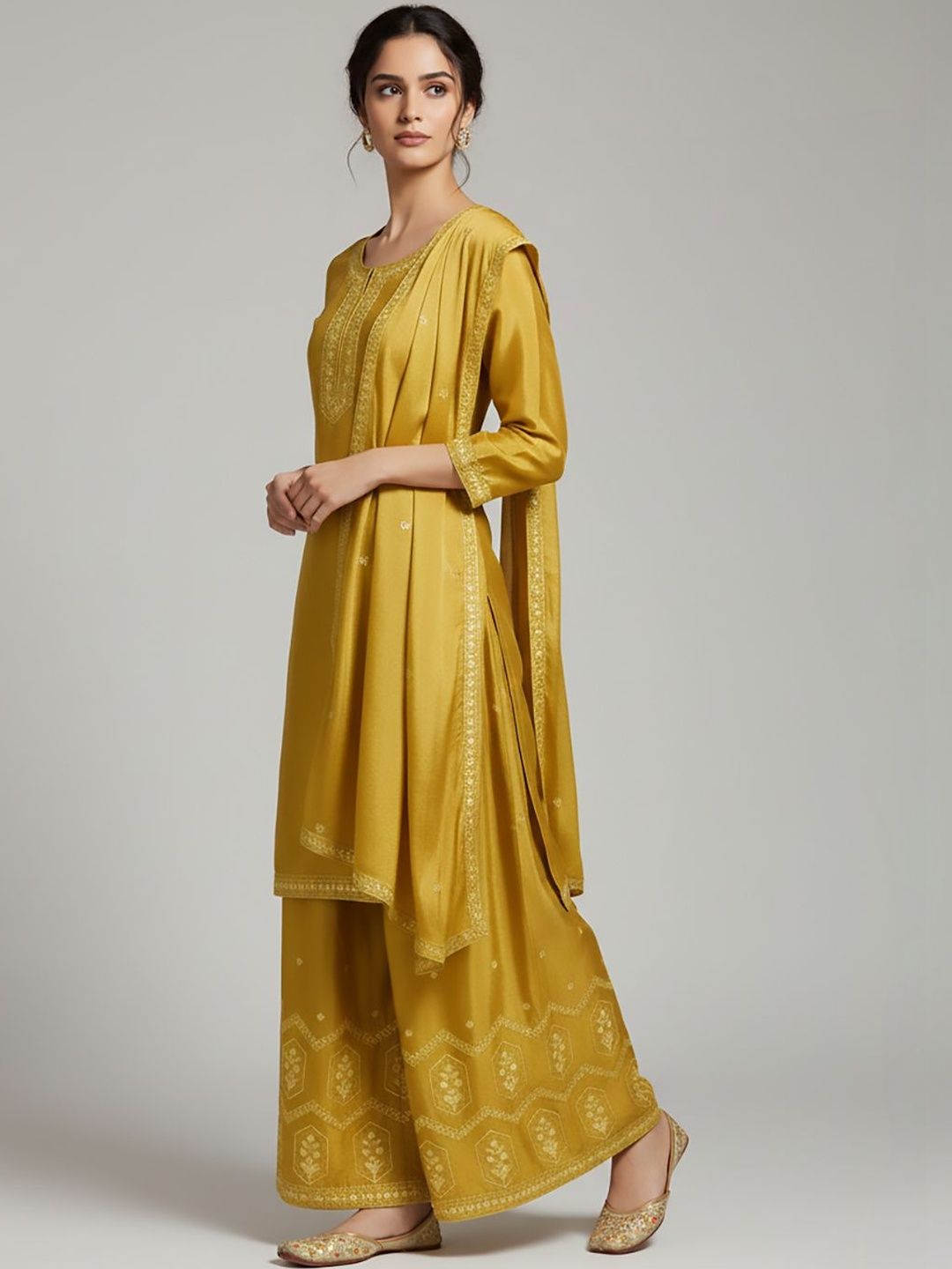 Dhiyona VA Women Ethnic Motifs Embroidered Regular Thread Work Silk Crepe Kurta with Palazzos & With Dupatta