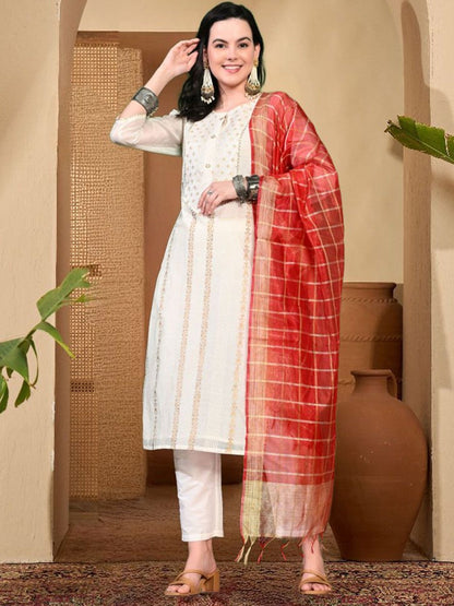Ethnic Motifs Woven Design Zari Chanderi Cotton Kurta With Trousers & Dupatta