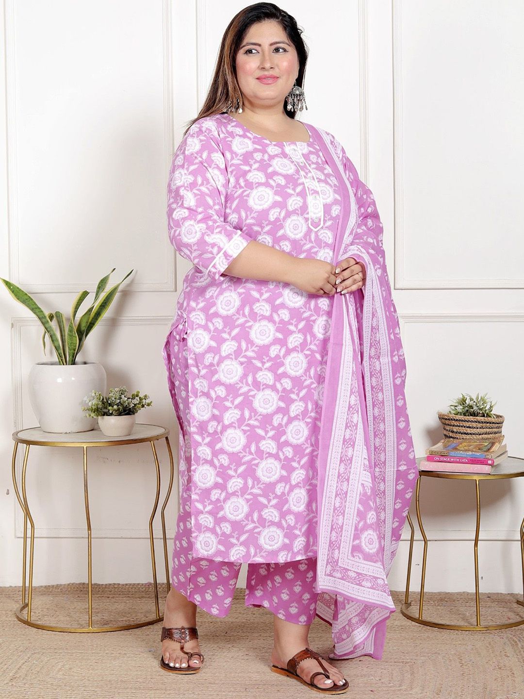 Dhiyona KL Women Plus Size Floral Printed Pure Cotton Kurta with Palazzo & Dupatta