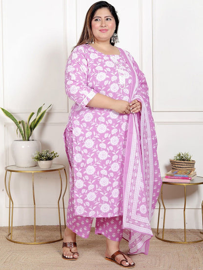 Dhiyona KL Women Plus Size Floral Printed Pure Cotton Kurta with Palazzo & Dupatta