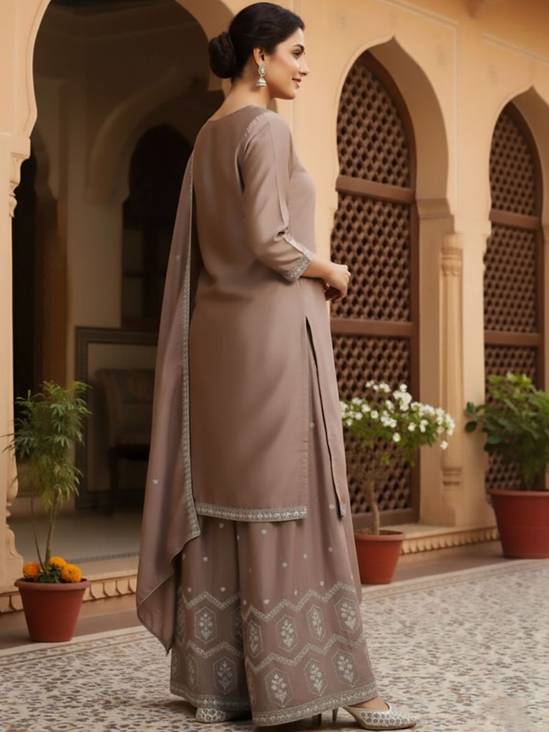 Dhiyona HOP Embroidered Round Neck Kurta & Sharara with Dupatta Set