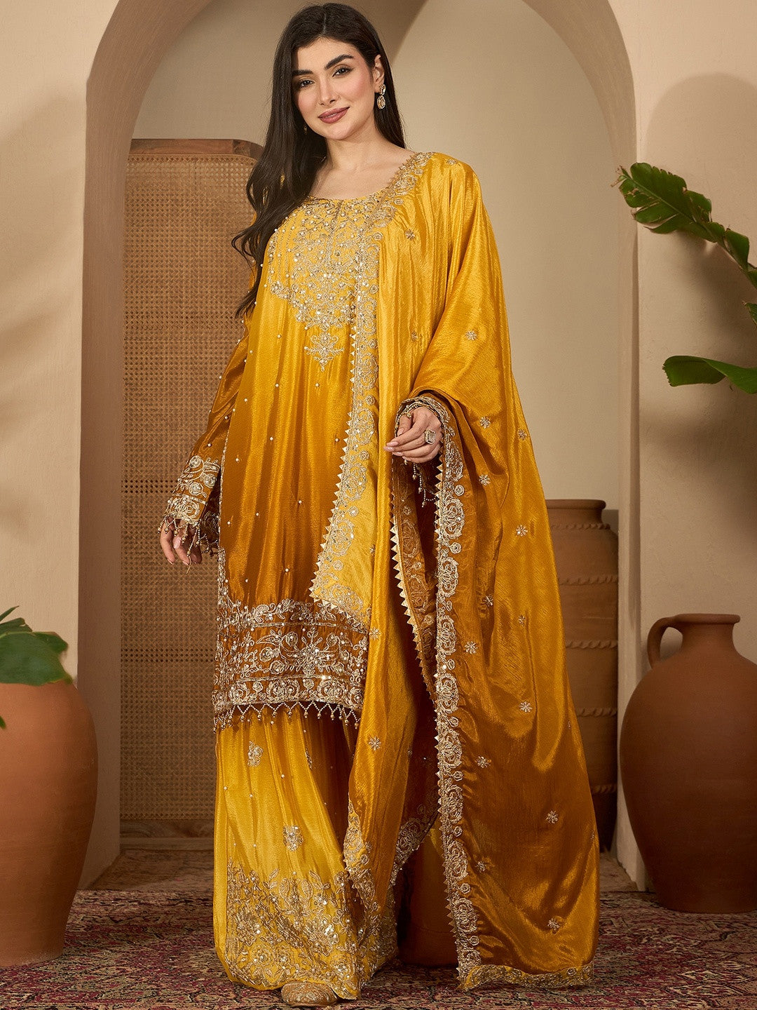 Dhiyona SN Mustard Chinon Silk Embroidery Work Kurta With Sharara And Dupatta