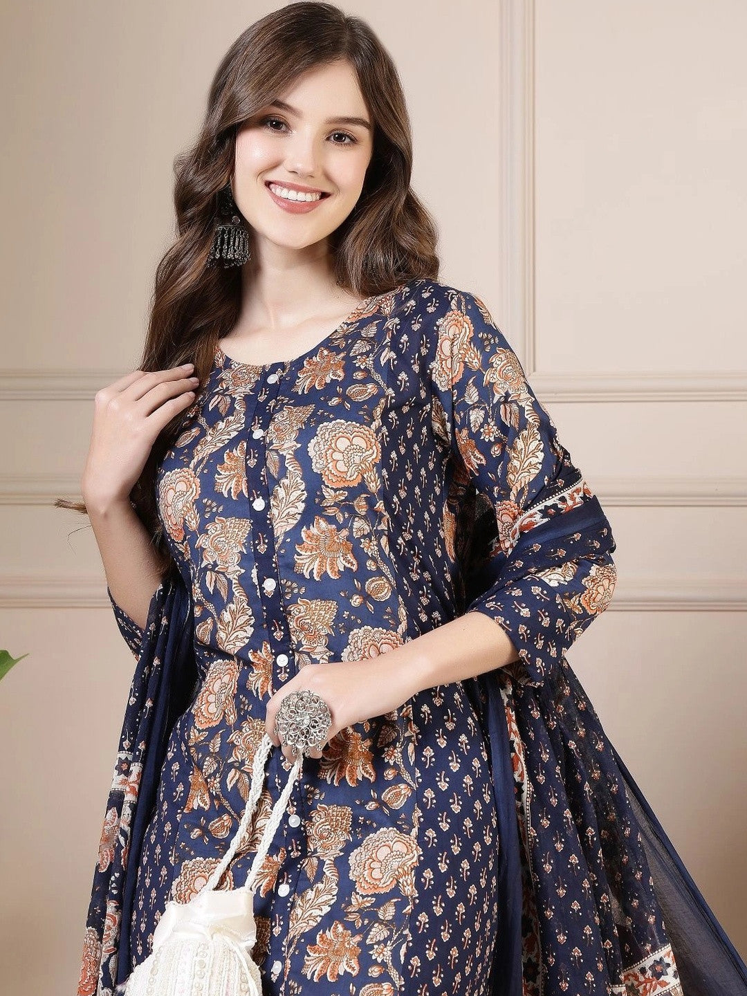 Women Floral Printed Regular Pure Cotton Kurta with Trousers & With Dupatta