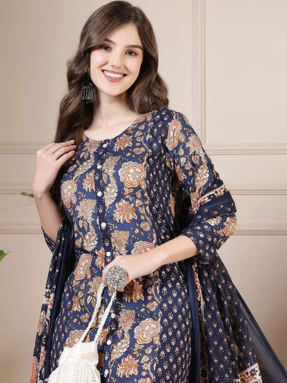 Women Floral Printed Regular Pure Cotton Kurta with Trousers & With Dupatta