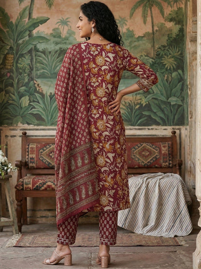 Women's Pure Cotton 3 Pcs Maroon Colour Straight Printed Kurta Sets Kurta Sets