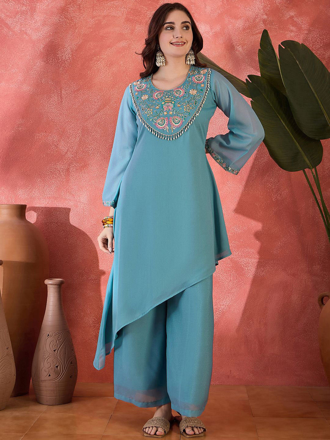 Floral Yoke Design Sequence Asymmetric Kurta & Palazzo Set