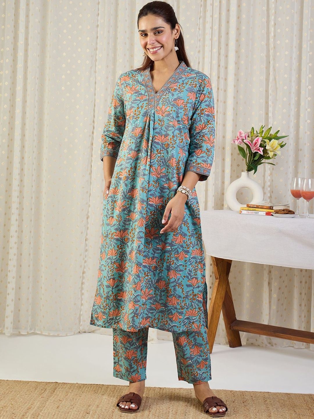Dhiyona IE Floral Printed V-Neck Pure Cotton A-Line Kurta With Trousers