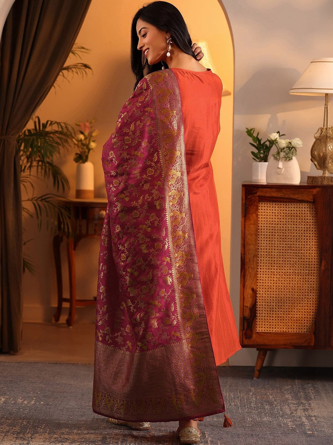 Woven Design Printed Thread Work Straight Kurta With Harem Pants & Dupatta