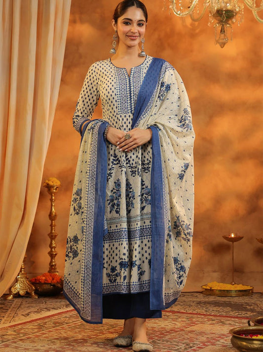 Dhiyona RR Women's Floral Printed Pure Cotton Kurta With Trousers & Dupatta