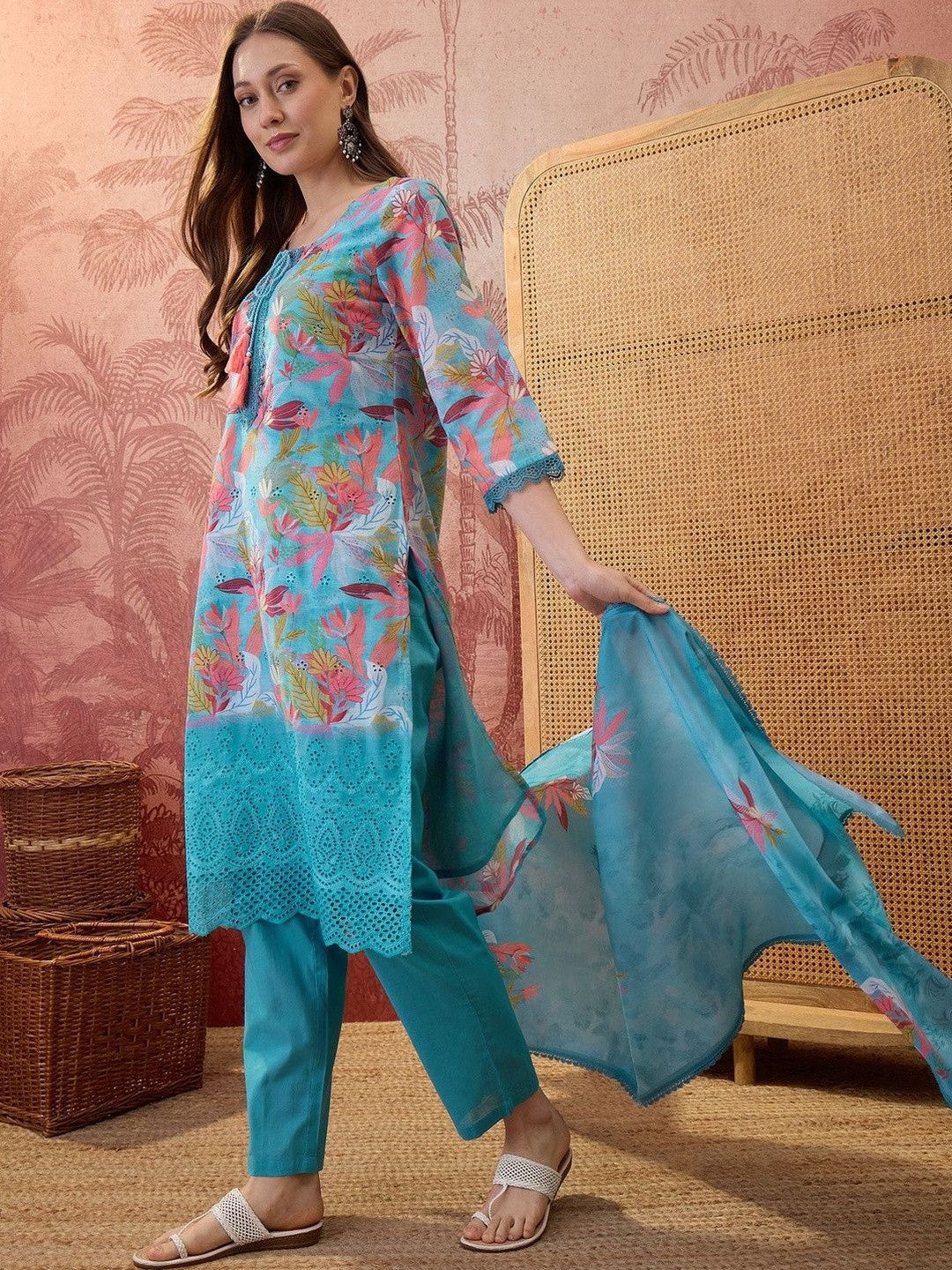 Floral Printed Round Neck Lace Hem Kurta & Trousers With Dupatta