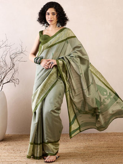 Women's Bhagalpuri Silk Green Printed Ready to Wear With Blouse Piece